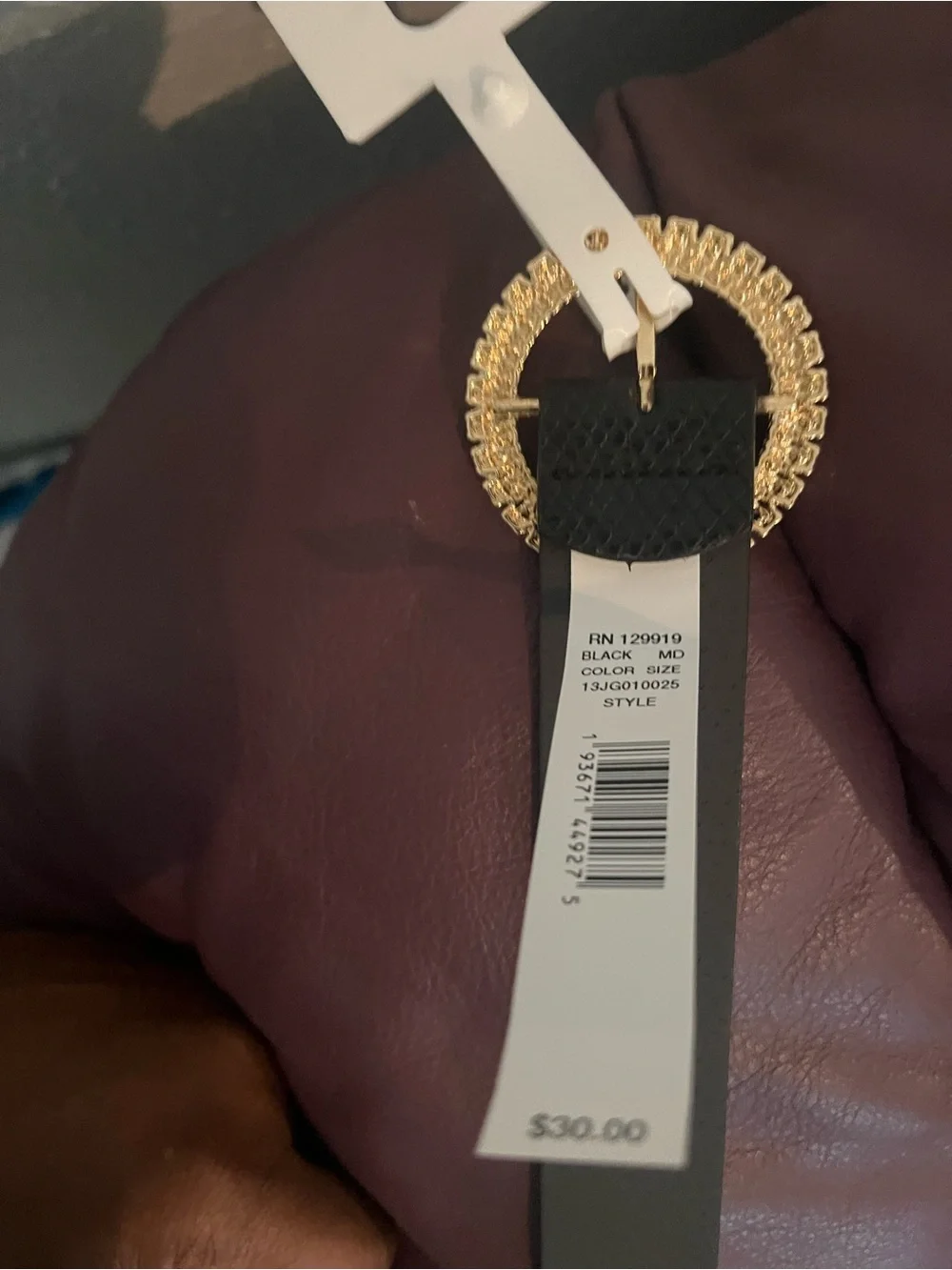 Jessica Simpson Black Textured Belt with Gold Crystal Circle Buckle